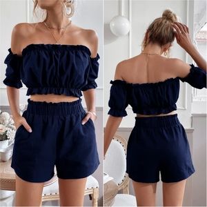 Off Shoulder Frill Trim Top & Shorts